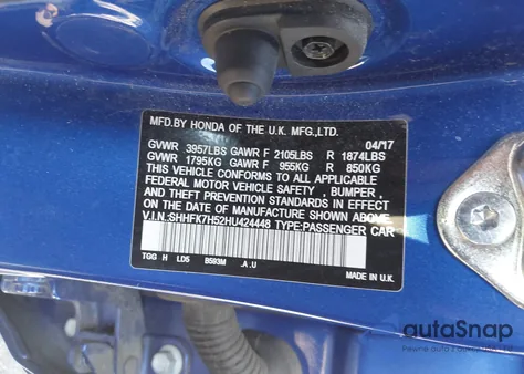 2017 Honda Civic Ex z USA, uszkodzony, nr VIN SHHFK7H52HU424448